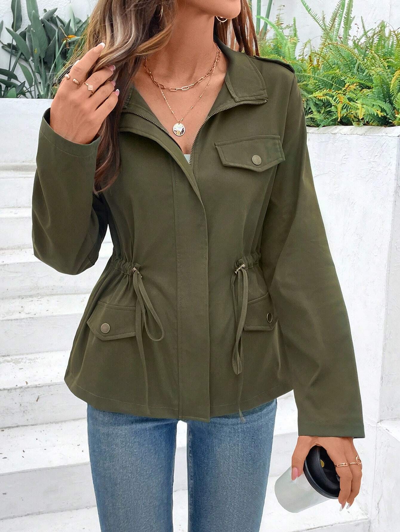 Women'S Fashion Utility Jacket - Женская куртка с завязками на талии,