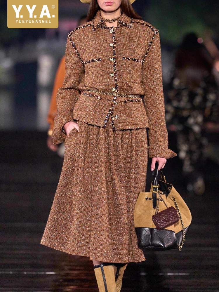 Belted Shirt Dress - Элегантный женский твидовый костюм с пайетками: