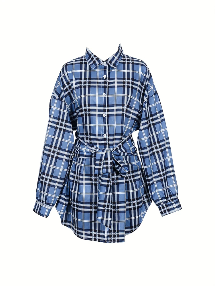 Belted Shirt Dress - Женское клетчатое платье-рубашка с эластичной высокой